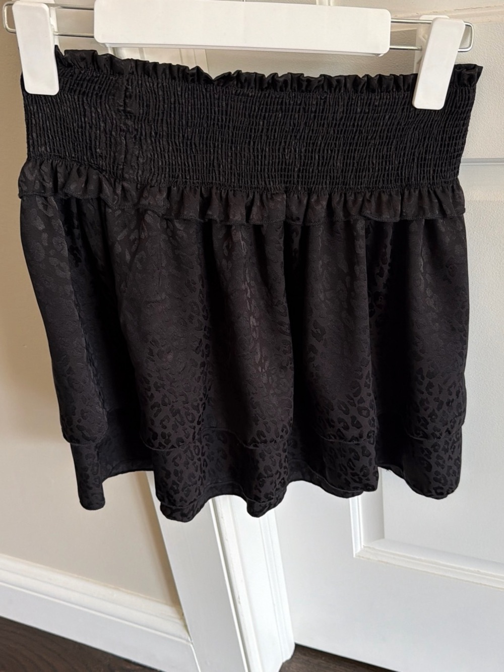 Black Smocked Waist Mini Skirt with Subtle Animal Jacquard